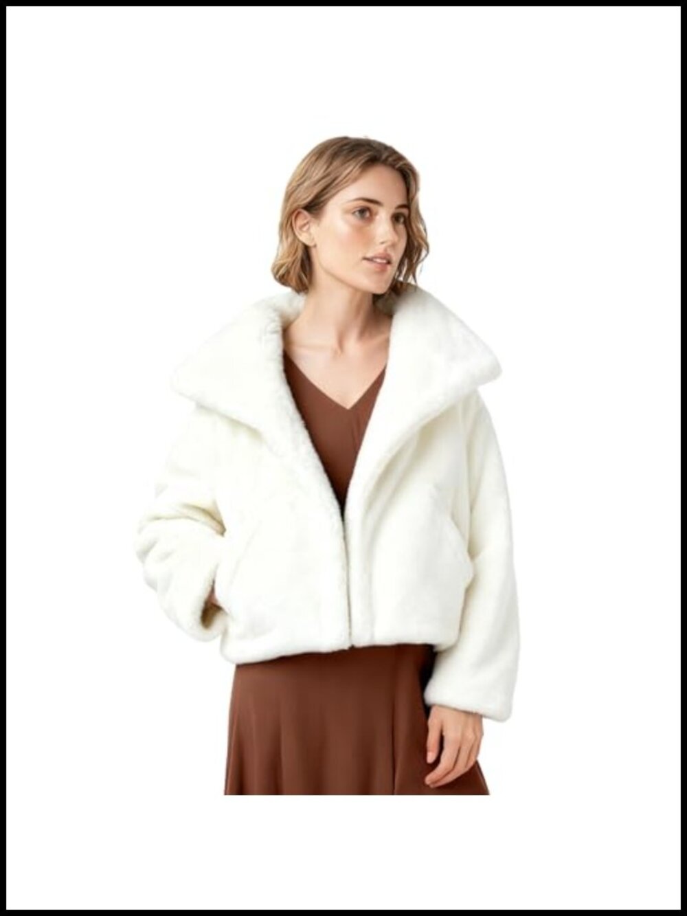 Faux Fur Cropped Jacket Notch Lapel Open Front Fuzzy Winter Coat